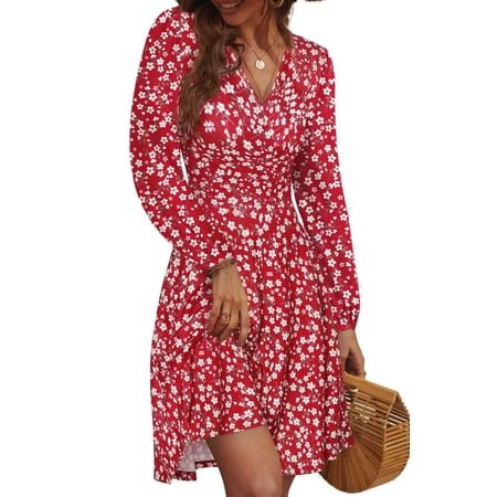 UVN Fall Dresses for Women Long Sleeve V Neck A-Line Midi Dress Boho Beach Floral Print Sundress