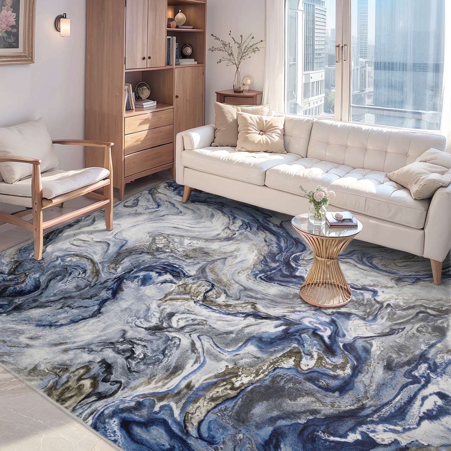 SIXHOME 8'x10' Area Rugs for Living Room Marble Swirl Abstract Rug Ultra Soft Washable Rugs for Bedroom Anti Slip Durable Carpet Home Decor for Dining Room Blue