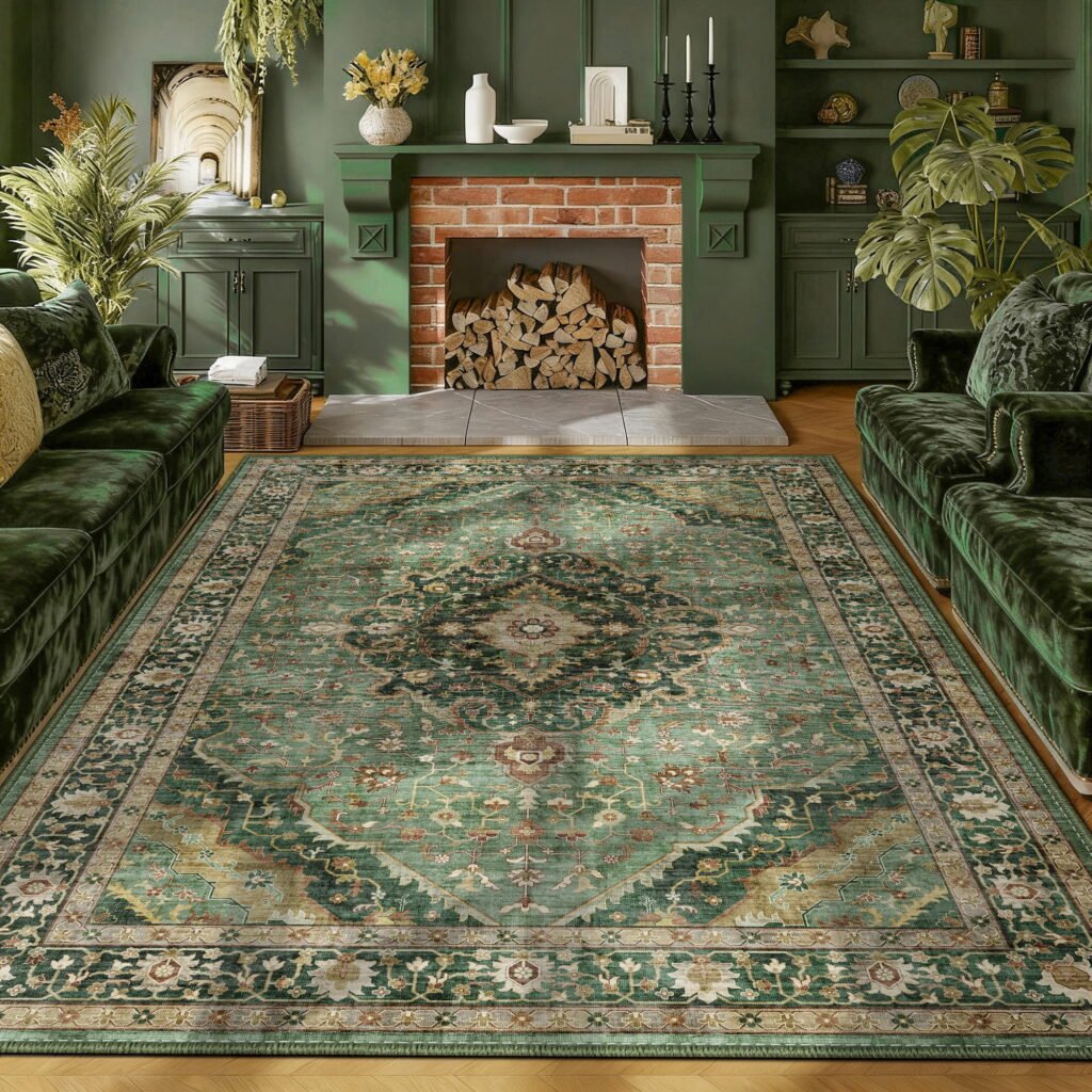 ATHOPE 5x7 Area Rugs for Living Room Bedroom, Washable Soft Rug with Non-Slip Backing, Large Floral Vintage Distress Print Pattern Carpet, Green