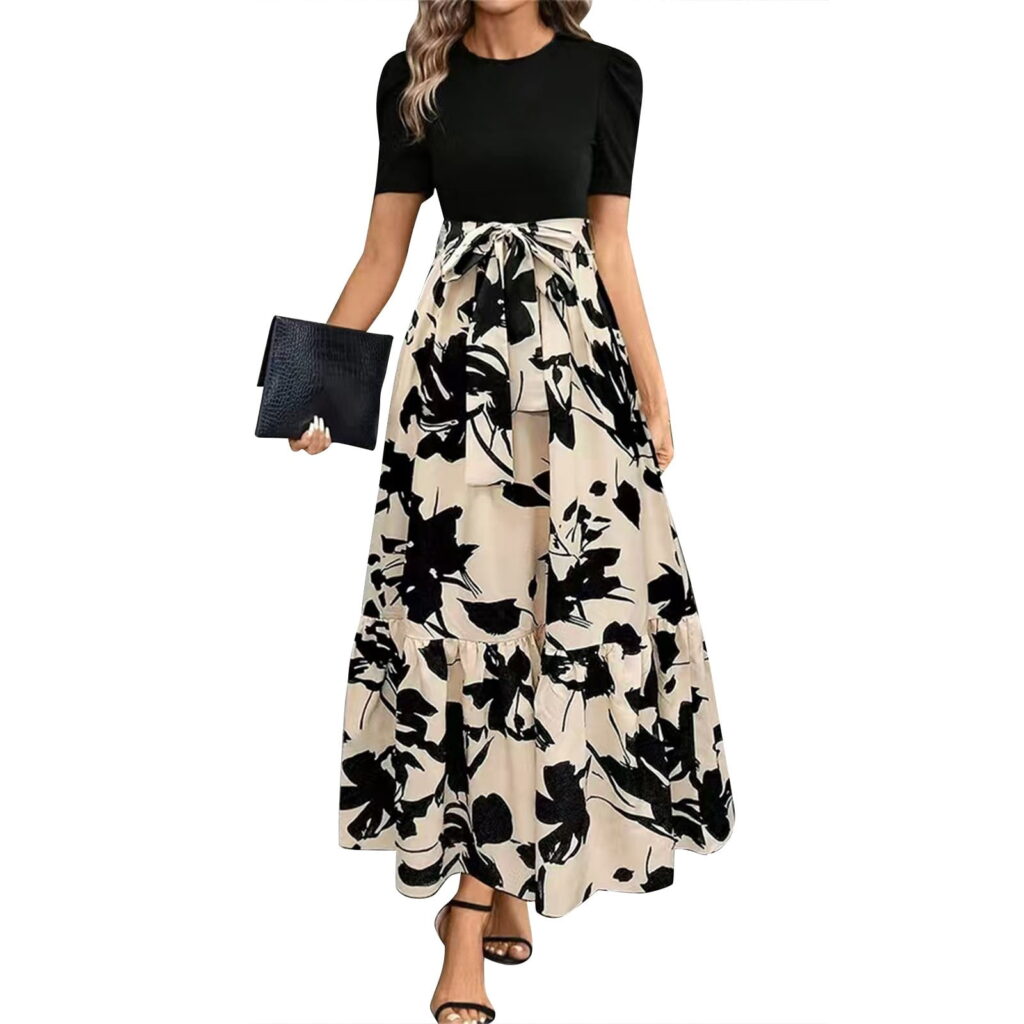 HAJWOH Dresses for Church Women 2025 Elegant Puff Sleeve Spring Dresses with Belt Flowy Long Dresses Casual Fashion Formal Dresses Beige L