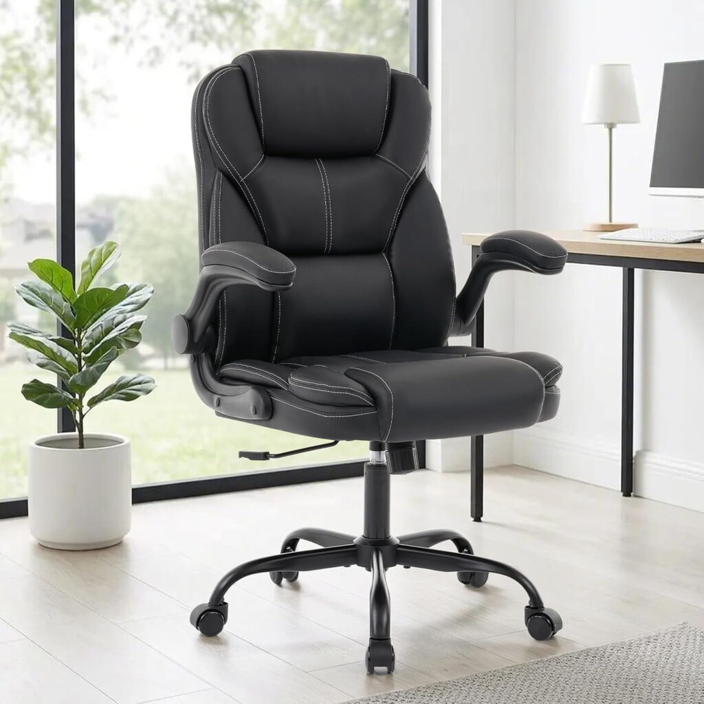 NYOAK 500lbs Office Chair with Wide Seat, Ergonomic Leather Executive Desk Chair with Lumbar Support, Flip-Up Padded Armrests, High Back Swivel Computer Gaming Chair, Black
