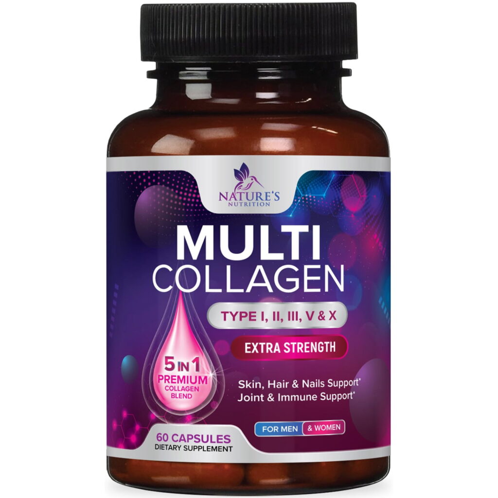 Multi Collagen Pills 2400mg - Best Hydrolyzed Collagen Peptides Capsules for Women & Men - Type I, II, III, V, X Collagen Complex - Hair, Skin, Nails Support Supplement - Bottled in USA - 60 Capsules
