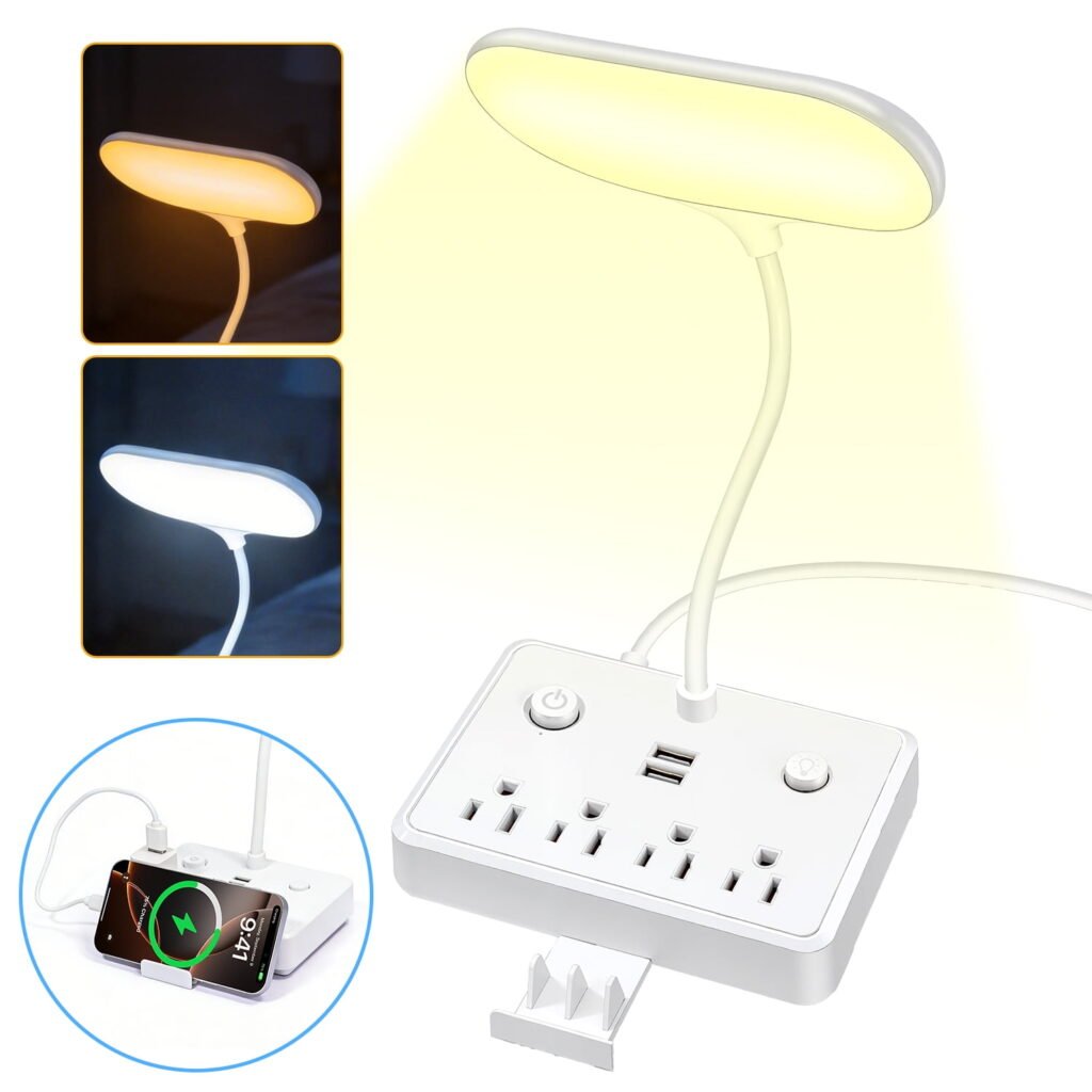 LED Desk Lamp, 4 AC Outlets & 2 USB Ports, 2 Color Temperatures, Foldable, 4FT Extension Cord, Eye-Caring Desk Light for Home Office, Dorm Room, Workbench