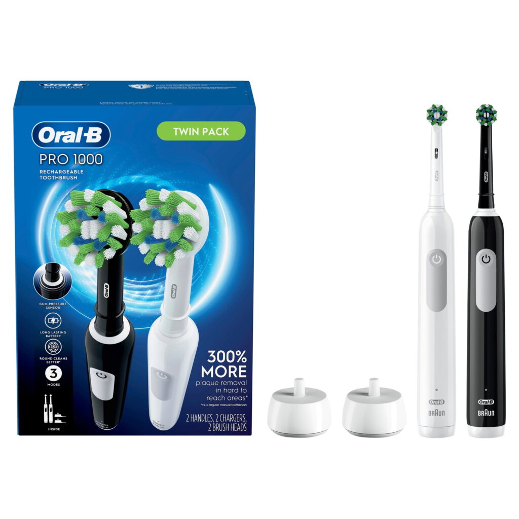 Oral-B Toothbrush, Pro 1000 CrossAction Rechargeable Electric Toothbrush Pack, Black and White, 2 Count
