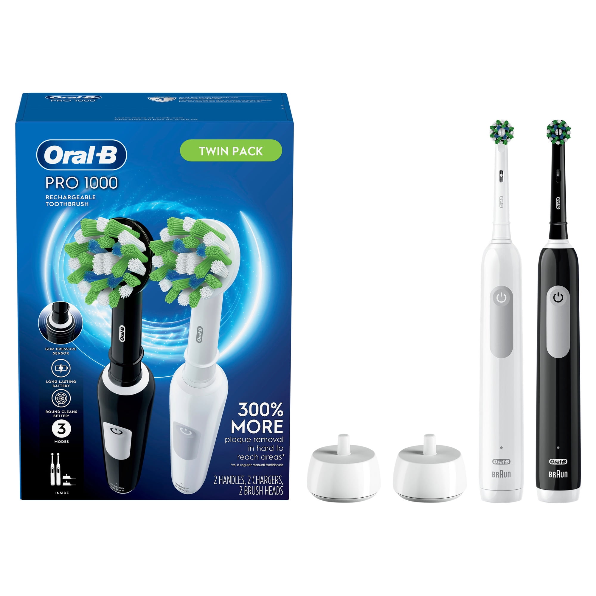 Oral-B Toothbrush, Pro 1000 CrossAction Rechargeable Electric Toothbrush Pack, Black and White, 2 Count