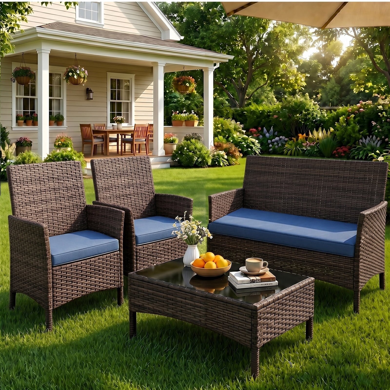 Gasee 4-Piece Patio Furniture Set Outdoor Conversation Rattan Chairs with Cushion and Loveseat Glass Table for Garden Backyard Porch, Brown/Navy