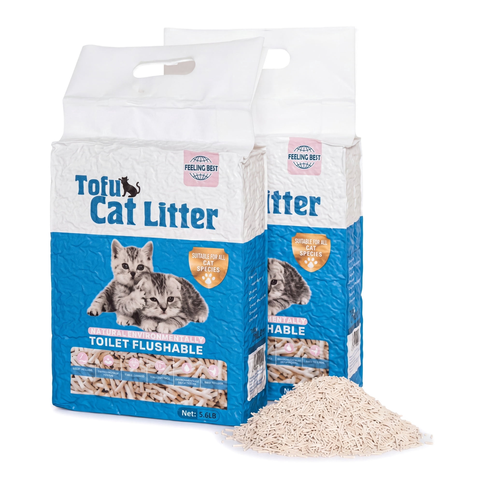 FEELING BEST Unscented Tofu Cat Litter,11.2 lb (2×5.6lb),Fast Clumping,99% Dust‑Free,Natural Odor Control Kitty Litter for Sensitive & Multi‑Cat Homes