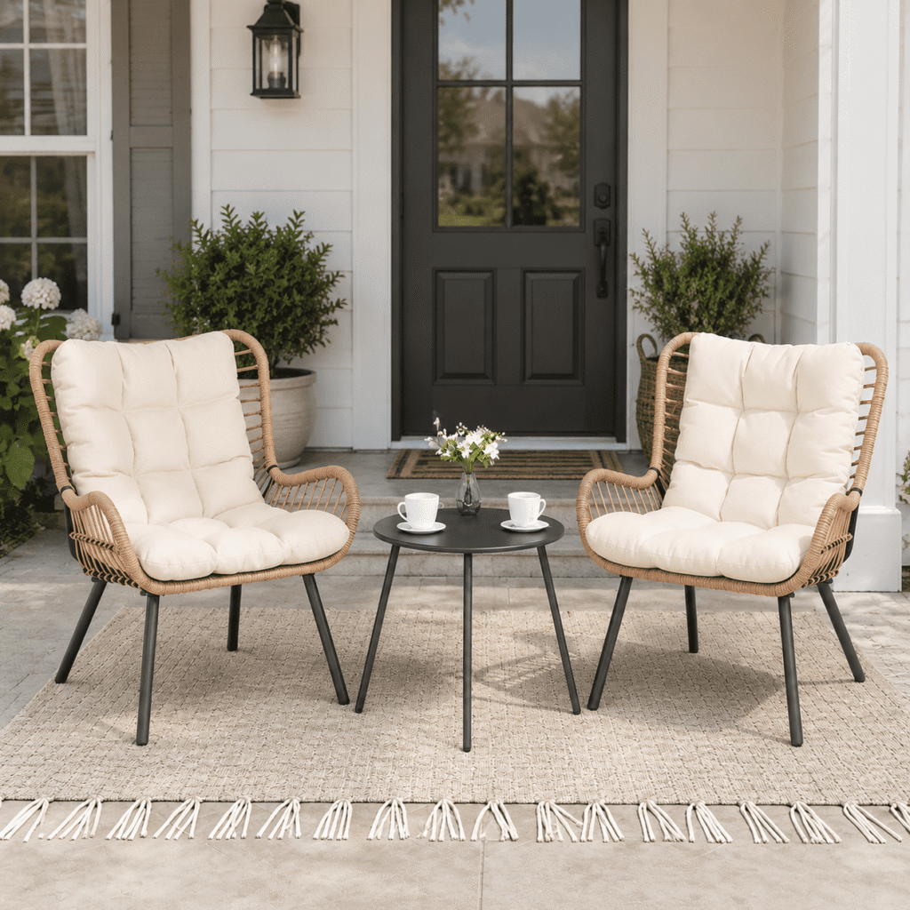 LAUSAINT HOME 3-Piece Patio Furniture Set, High Back Outdoor Bistro with Coffee Table & Beige Cushions for Garden or Deck