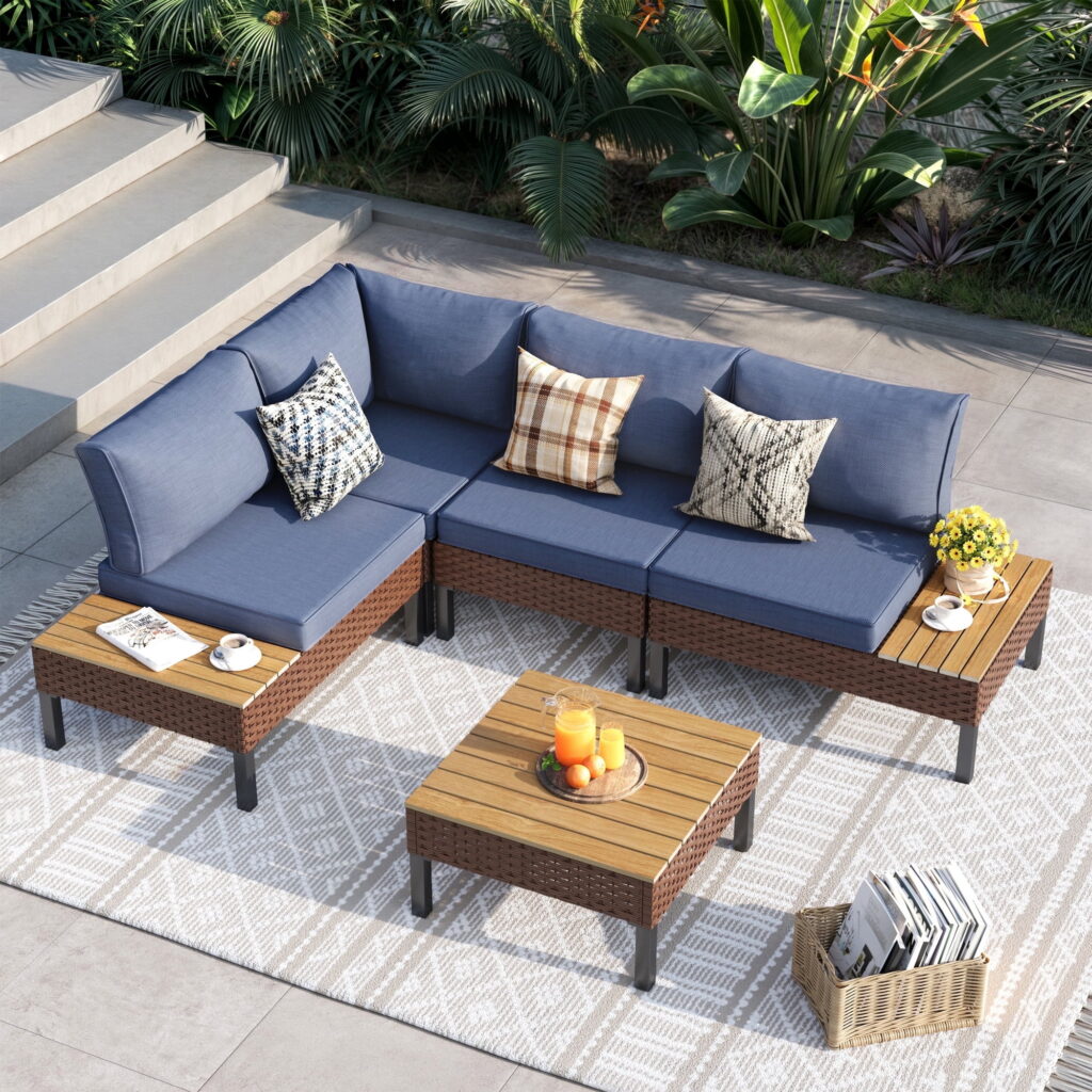 ELPOSUN 5-Piece L-Shaped Outdoor Sectional Sofa ๏ผPatio Furniture with Water-resistant Cushions & Side Tables (Navy)