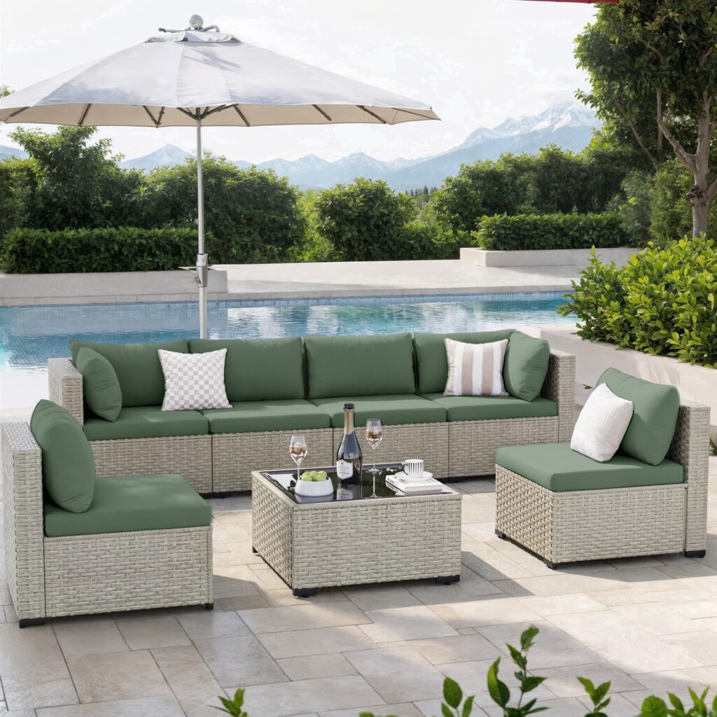 Amopatio 7 Pieces Patio Conversation Set, Outdoor Sectional PE Rattan Wicker Furniture Seat,GREEN