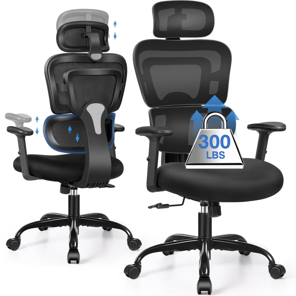COOLHUT Ergonomic Office Chair, High Back Desk Chair, Breathable Mesh Computer Chair with Lumbar Support, Comfy Foam Cushion Home Office Chair, 300lbs, Black