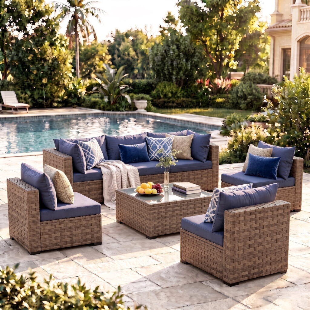 Gasee Patio Furniture Set, 7 Pieces Outdoor Conversation Set with Rattan Sectional Sofa, Coffee Table for Garden Backyard, Blue Cushion