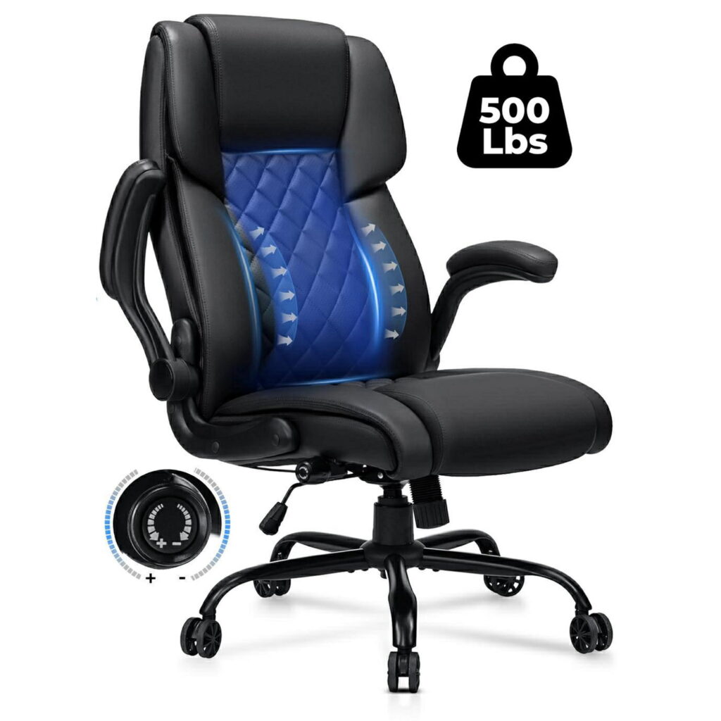 Hoffree Big and Tall Office Chair, 500lbs Executive Desk Chair with Adjustable Lumbar Support Ergonomic Computer Leather Chair with Padded Flip-up Arms for Home Office