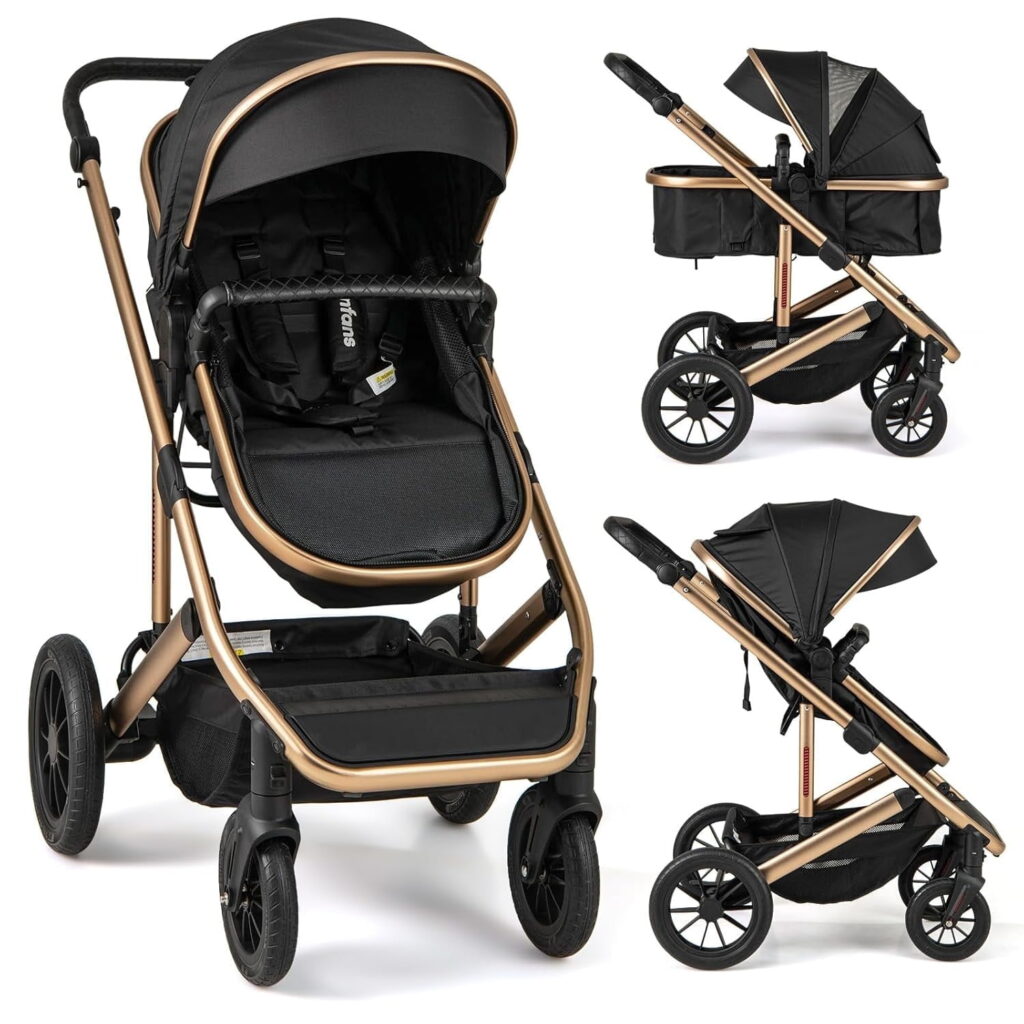INFANS 2 in 1 Baby Stroller, Folding Newborn Pram Convertible Stroller Bassinet for Infant Foldable High Landscape Shock Absorption with Reversible Seat Aluminum Structure for Pushchair