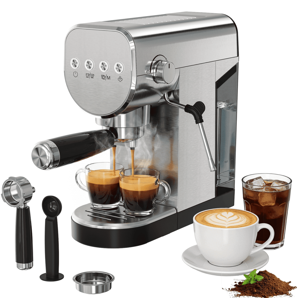 Coffee Maker, 20 Bar Espresso Machine with Milk Frother & Cold Brew, 1250W, 34oz Water Tank, Compact Steel Design