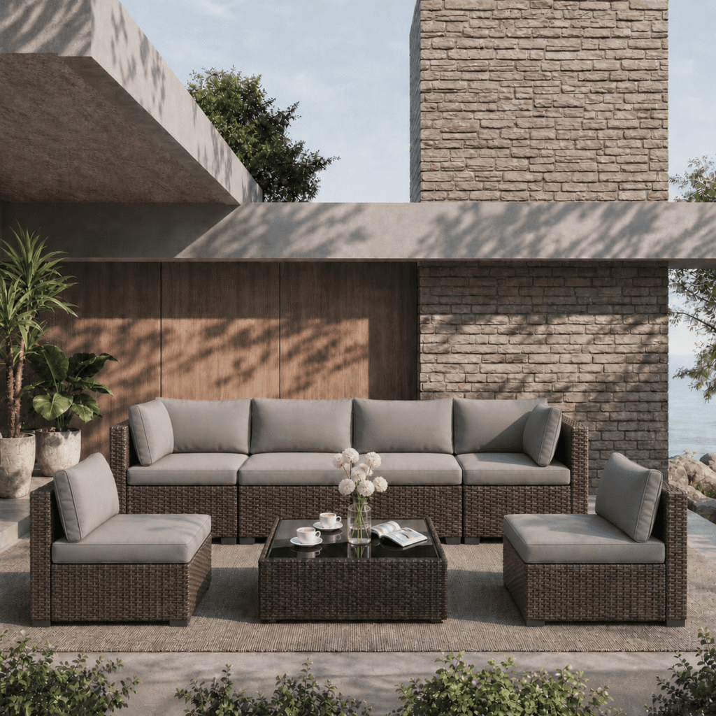 7 Piece Outdoor Patio Furniture Set, PE Rattan Wicker Sectional Patio Couch with Tempered Glass Coffee Table & Non-Slip Cushions, Grey