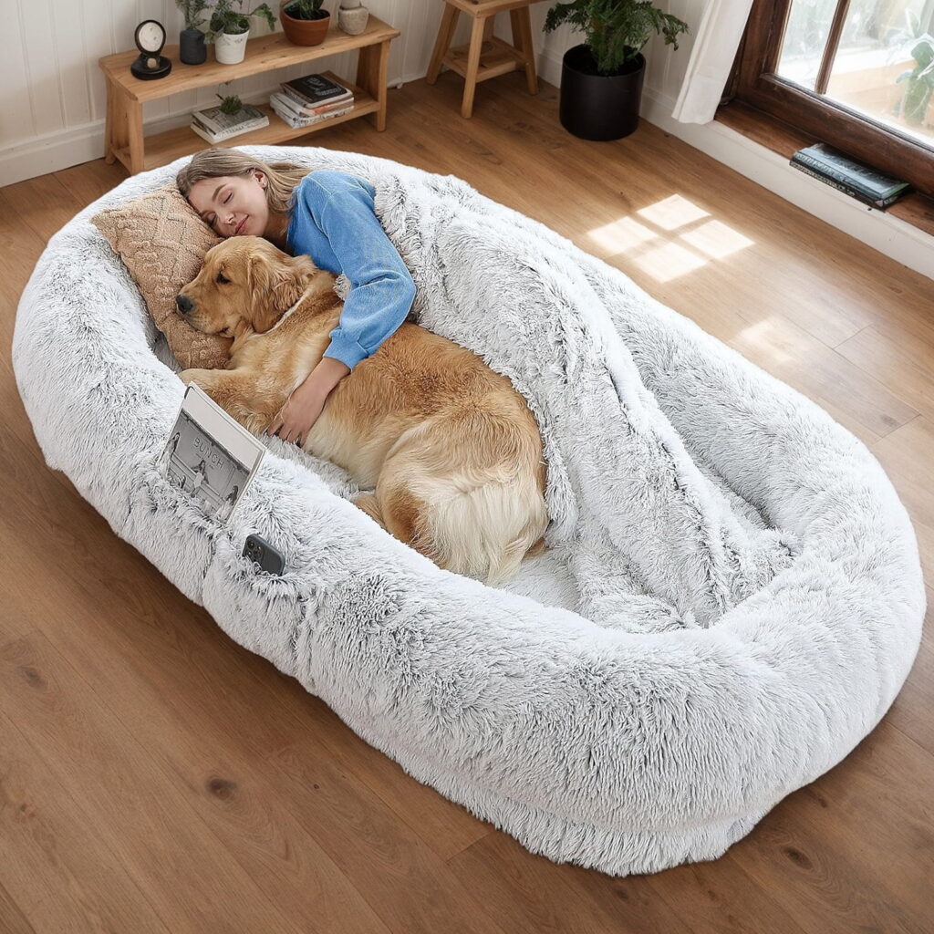Human Dog Bed 71"x45"x14", Washable Faux Fur Orthopedic Nest Bed for People & Pets, Extra Large Plush Calming Bed for Napping & Lounging (Grey)