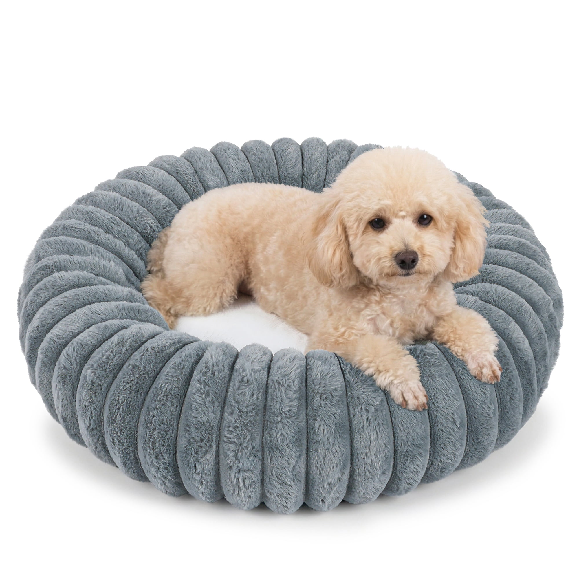 Exclusivo Mezcla Calming Donut Dog Bed with Non-Slip Bottom, 24 inches Cozy Fluffy Faux Rabbit Fur Round Pet Bed for Small Dogs, Dark Grey