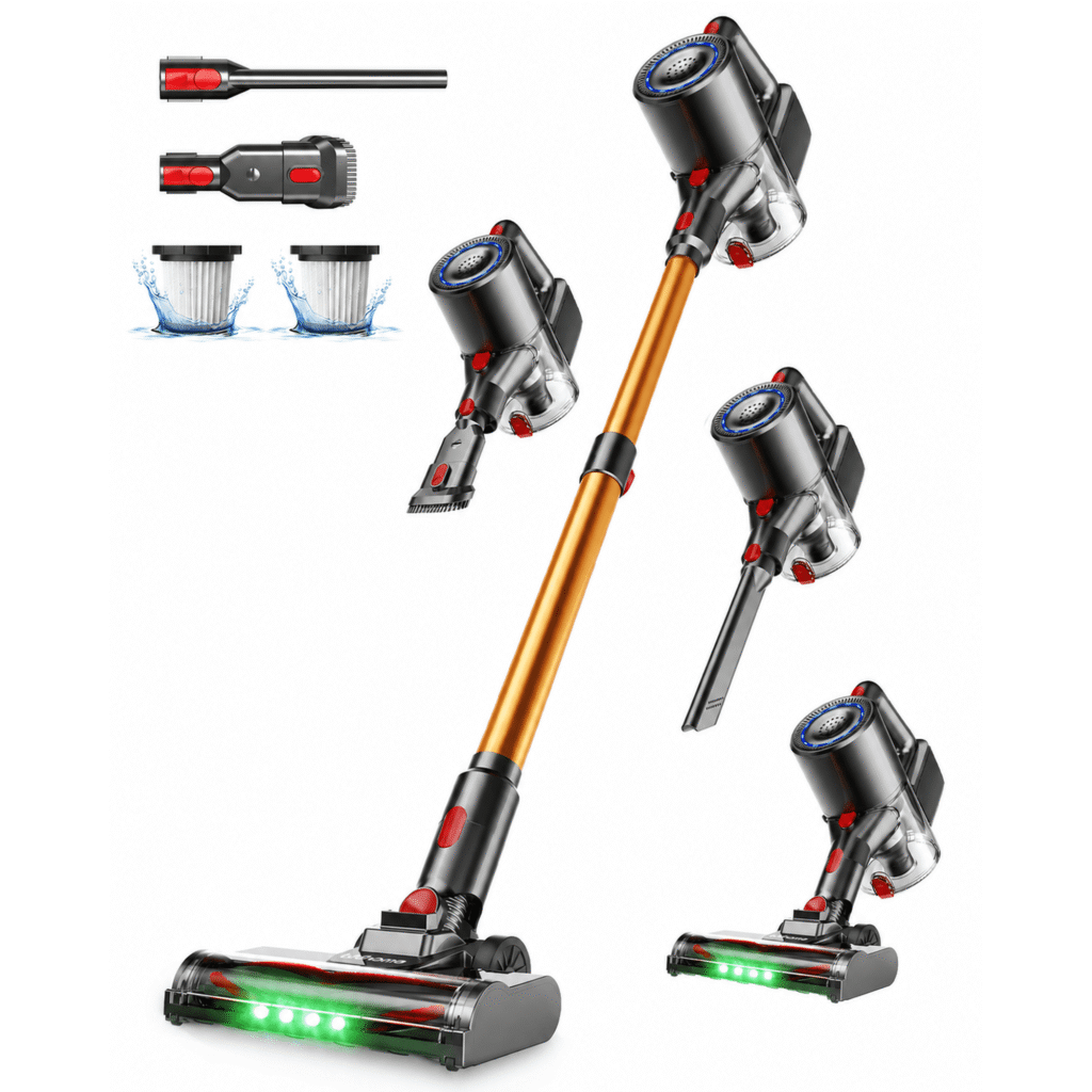 Cordless Vacuum Cleaner, 35KPa Powerful Suction Stick Vacuum, Up to 34 Mins Runtime Lightweight Vacuum with Green LED Headlights, Self-Standing Handheld Vacuum for Hard Floor Carpet
