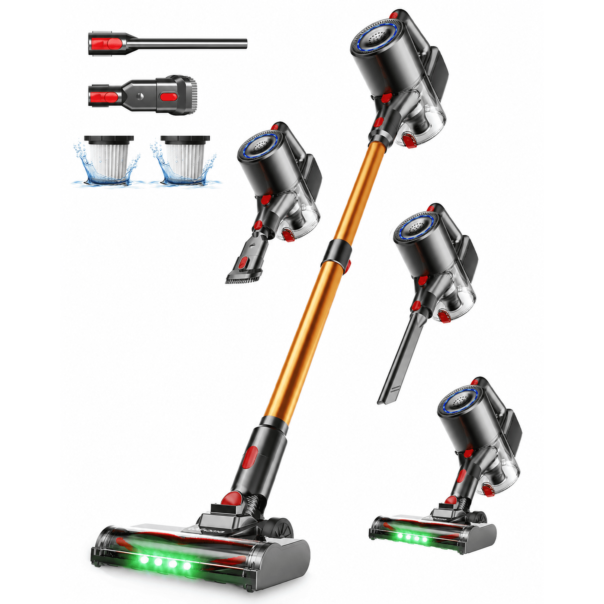 Cordless Vacuum Cleaner, 35KPa Powerful Suction Stick Vacuum, Up to 34 Mins Runtime Lightweight Vacuum with Green LED Headlights, Self-Standing Handheld Vacuum for Hard Floor Carpet