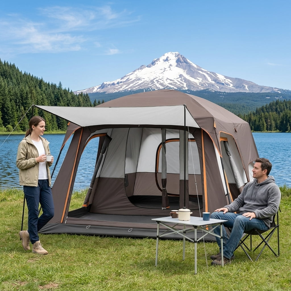 SHIBAILI 8 Person Family Camping Tent with Porch,Superb Ventilation,Waterproof&Dual-Use Spacious Tent for Backyard & Outdoor,Brown