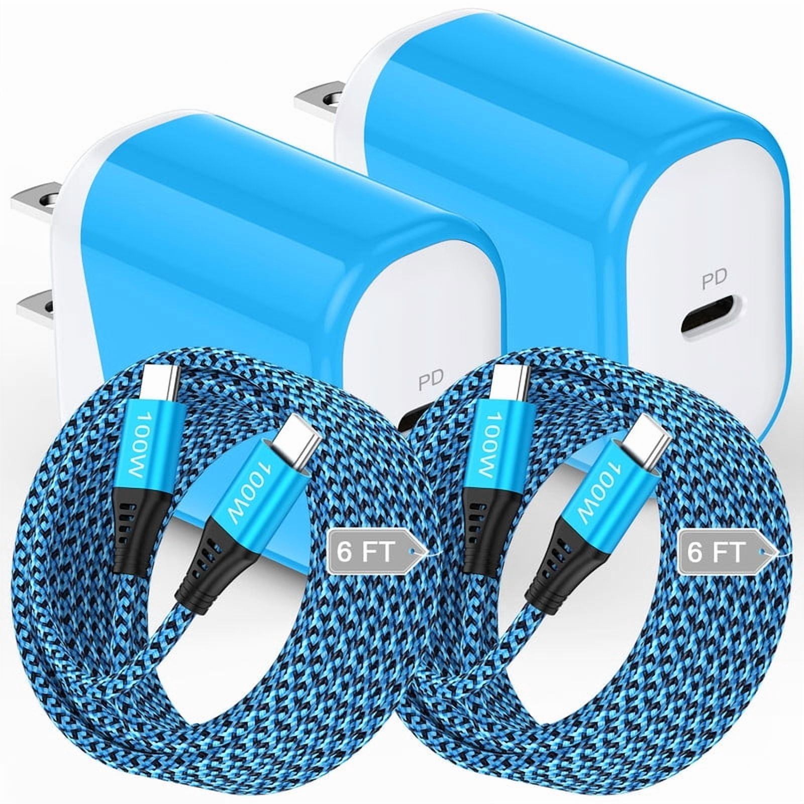 2 Pack 20W PD Fast Wall Charger Station with 6FT Braided USB-C to C Cables, Phone Charger Compatible with iPhone 17/16/15 Pro Max iPad Pro Galaxy S26 Android, Blue