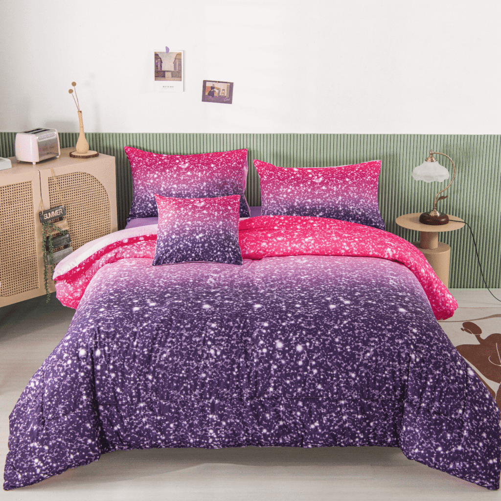 PERFEMET Purple Galaxy Comforter Sets Twin 6 Pieces Bed in a Bag Glitter Star Bedding Sets with Pillowcases for Girls(Purple Twin)