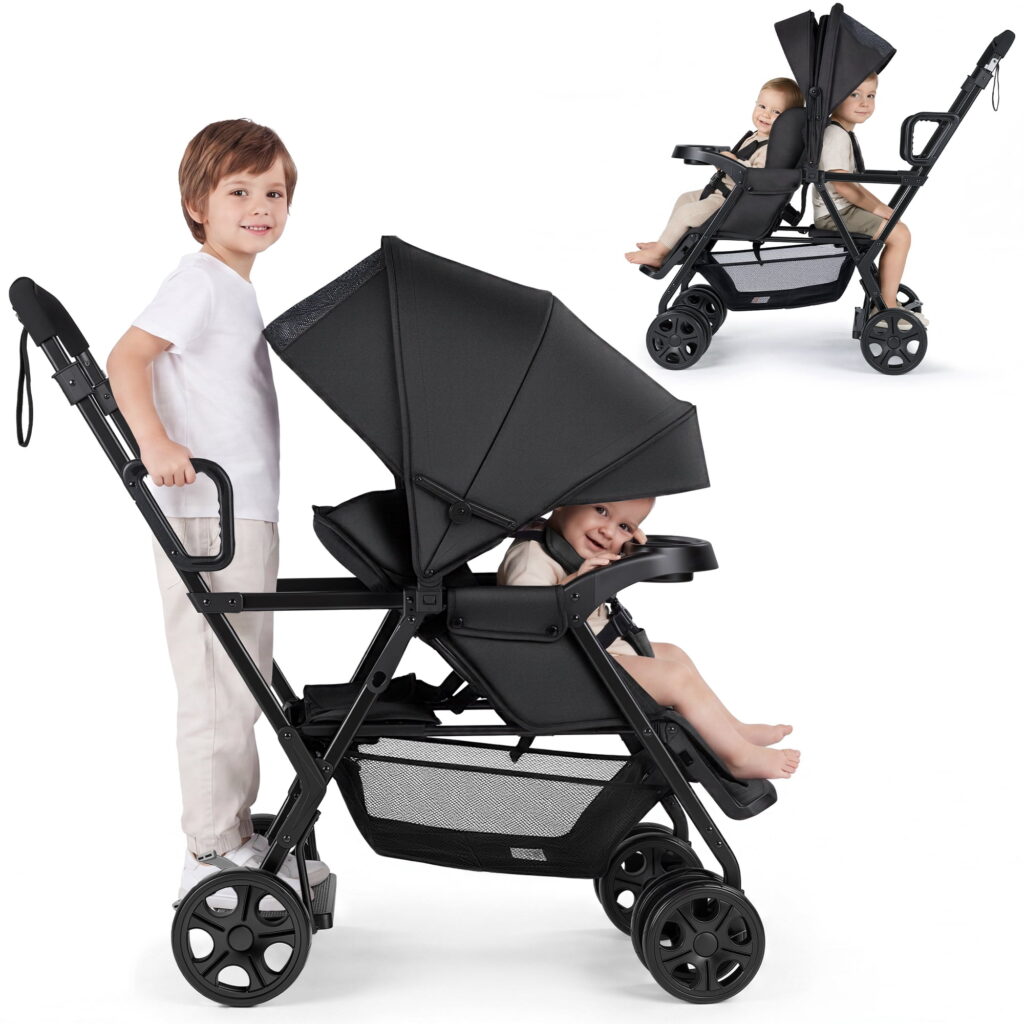 Vomeast Double Stroller, Foldable Travel Baby Stroller, Sit and Stand, Lockable Front Wheels, Dual Rear Brakes, Black