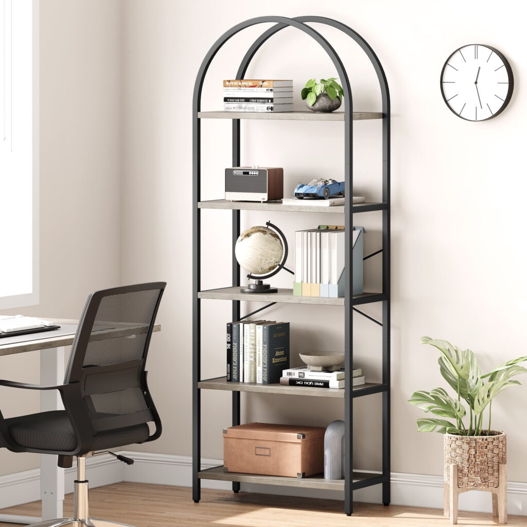 Homhougo-Bookshelf Arched Bookcase 5 Tier Display Racks Tall Standing Bookshelves Modern Storage Rack Shelf Wood Book Shelf for Bedroom