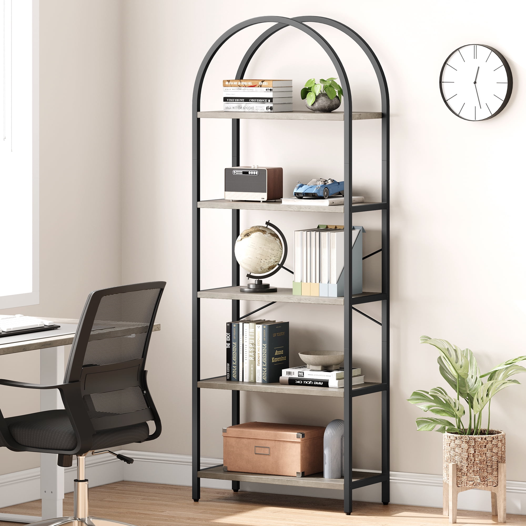 Homhougo-Bookshelf Arched Bookcase 5 Tier Display Racks Tall Standing Bookshelves Modern Storage Rack Shelf Wood Book Shelf for Bedroom