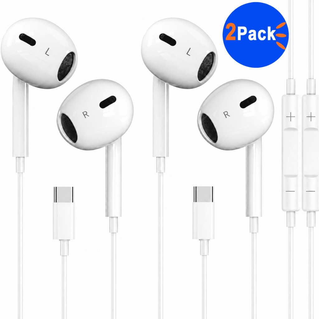 2 Pack Type C Headphones Wired for iPhone 17 16 16e 15 Pro Max Plus, USB C Earphones with Microphone & Delivers Crisp Stereo Sound with Rich bass Earbuds for iPhone 15 16 Pro Max, iPad