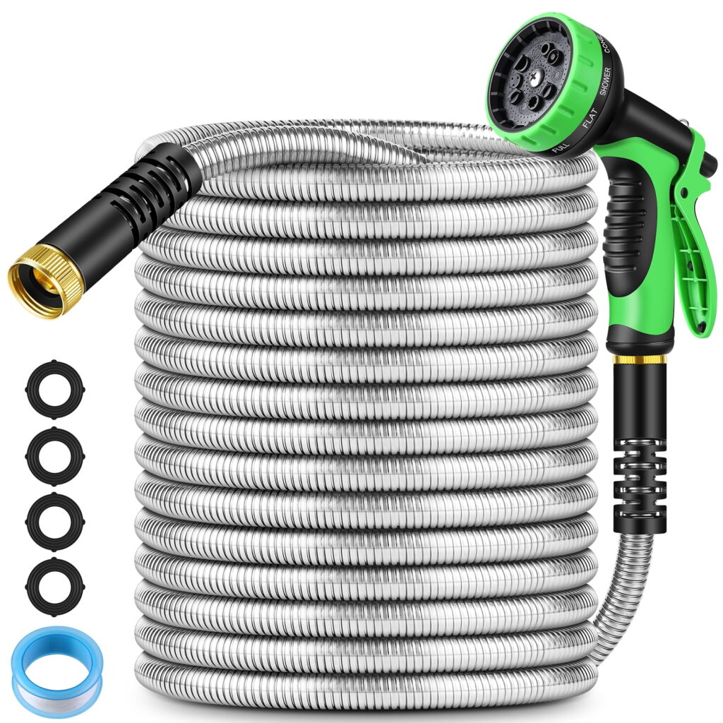 Flyclix 304 Stainless Steel Garden Hose - 75ft Anti-Rust & Kink-Free 5-Layer Dog/Puncture Proof, 10-Pattern Nozzle, Leakproof Connectors