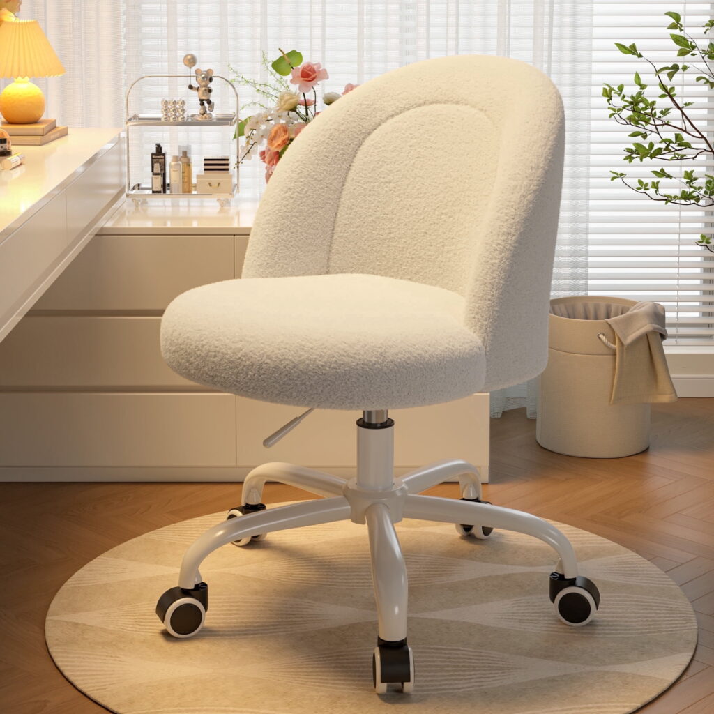 Romorgniz Vanity Chair Height Adjustable Desk Chair with Wheels, Armless Office Chair with Soft Lumbar Support for Small Space, Bedroom, Home office, White
