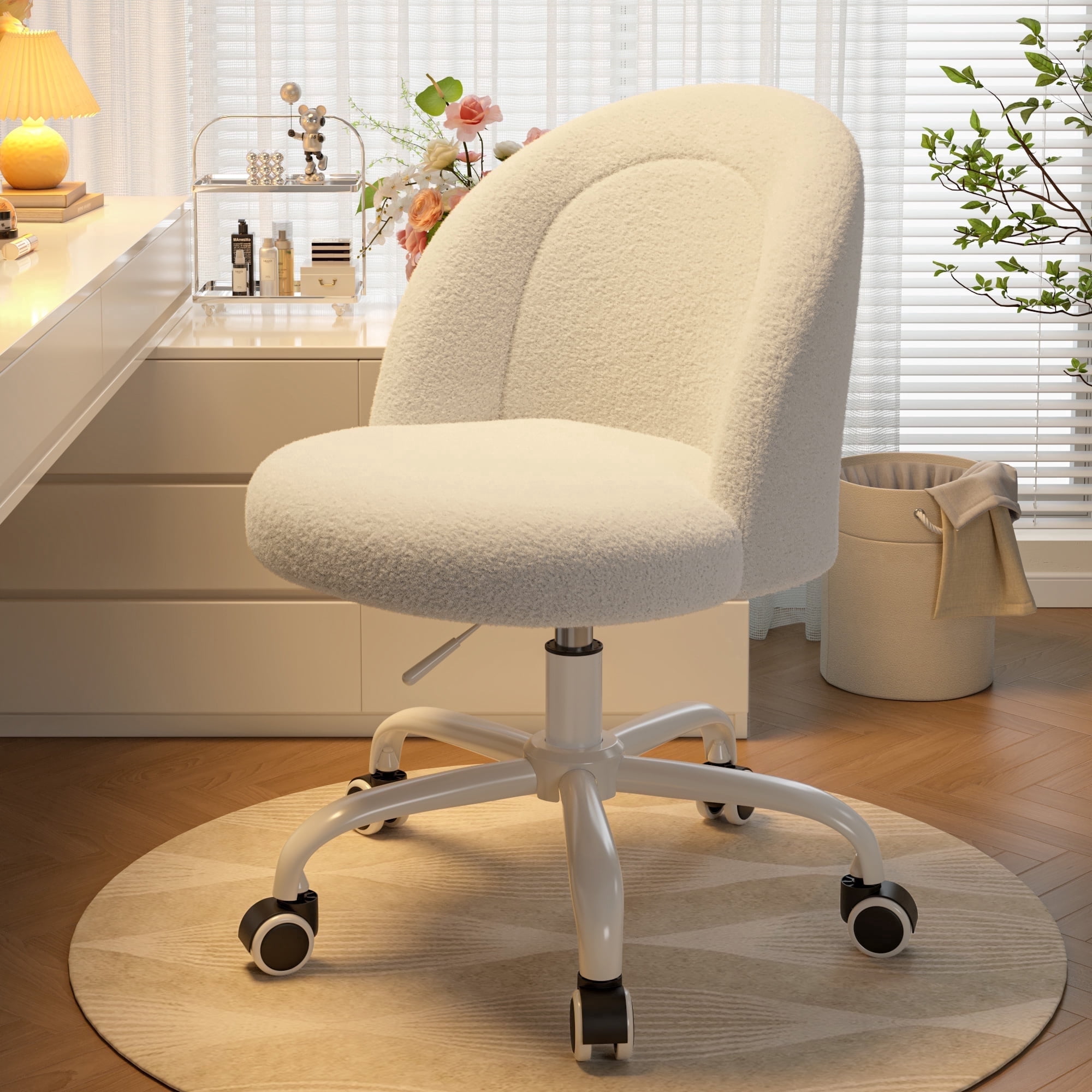 Romorgniz Vanity Chair Height Adjustable Desk Chair with Wheels, Armless Office Chair with Soft Lumbar Support for Small Space, Bedroom, Home office, White