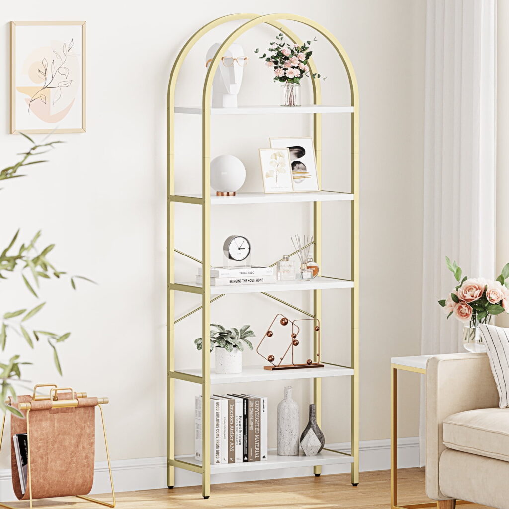 Yesfashion Bookshelf 5 Tier Bookcase Arched Display Racks Tall Standing Bookshelves Mental Frame Modern Storage Rack Shelf Large Wood Book Shelf for Bedroom, Living Room, Home Office, White/Gold