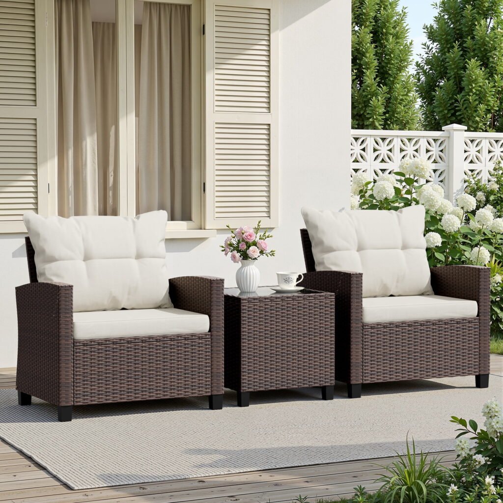Walsunny 3 Pieces Patio Furniture Set Outdoor Wicker Conversation Bistro Set Outdoor Patio Chairs with Tempered Glass Table Beige