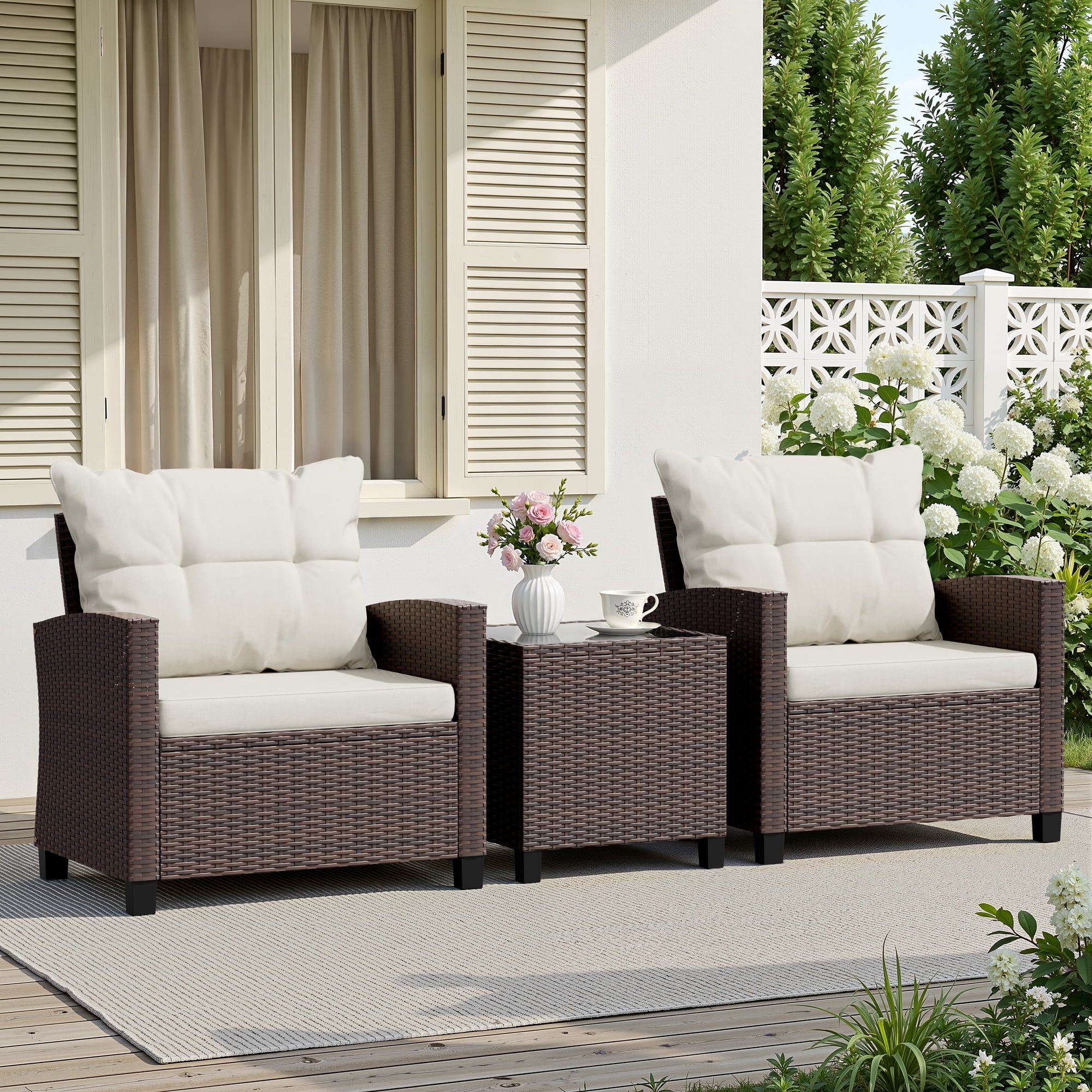 Walsunny 3 Pieces Patio Furniture Set Outdoor Wicker Conversation Bistro Set Outdoor Patio Chairs with Tempered Glass Table Beige