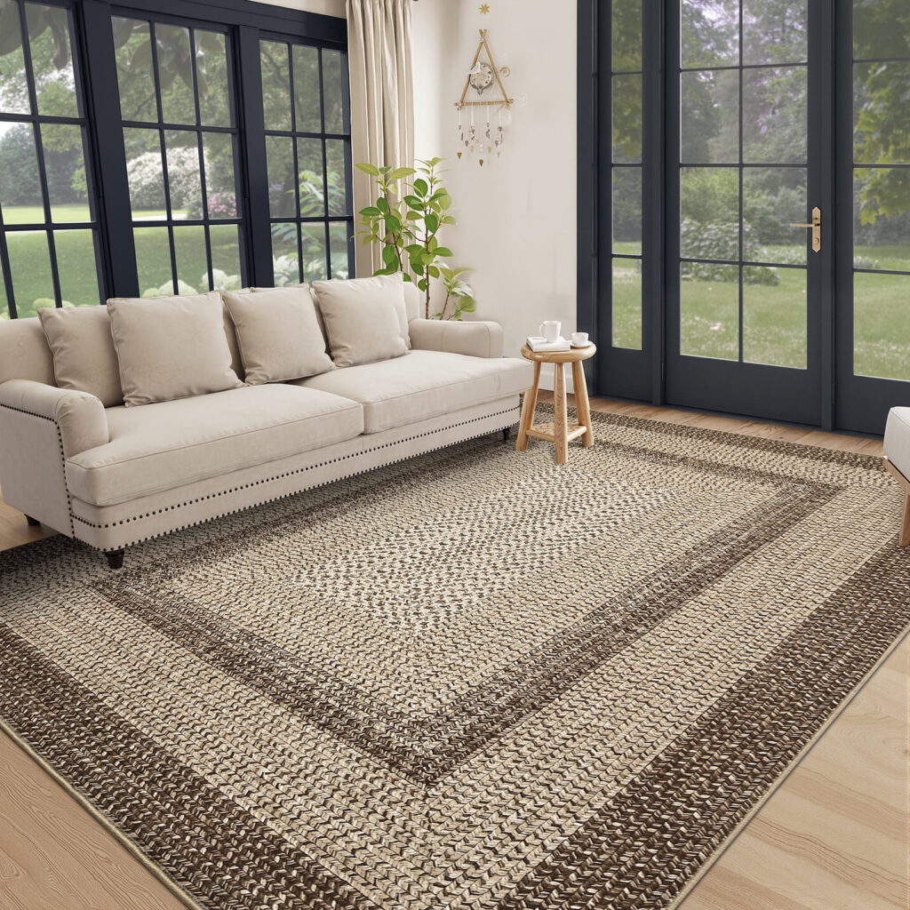 Garvee 5'x7' Printed Braided Rugs Farmhouse Bordered Carpet, Machine Washable Indoor Area Rug Non-Slip Low Pile Rugs for Living Room Bedroom Home Decor, Natural