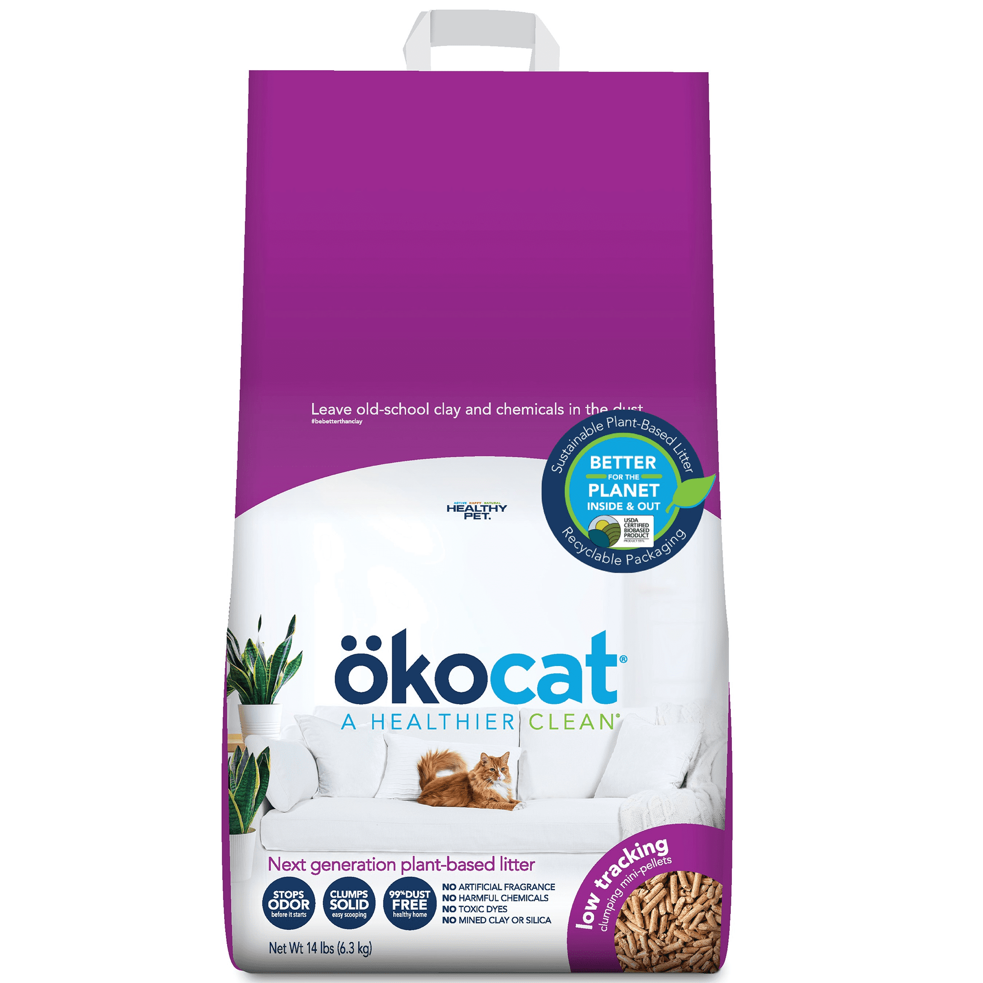 okocat Low Tracking, Less Mess Clumping Natural Wood Pellet Cat Litter, Dust Free, Unscented 14.0 lbs