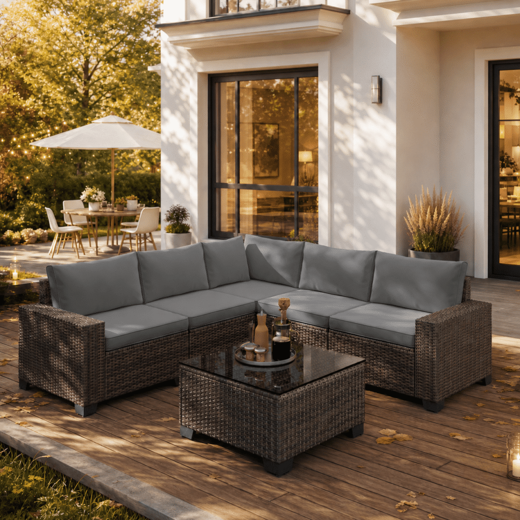 Aiho Outdoor Patio Furniture Set with All Weather Wicker, 6 Pieces Outdoor Sectional Sofa with Soft Cushions and Coffee Table, For Garden, Backyard, Poolside, Patio, Porch and Balcony - Gray