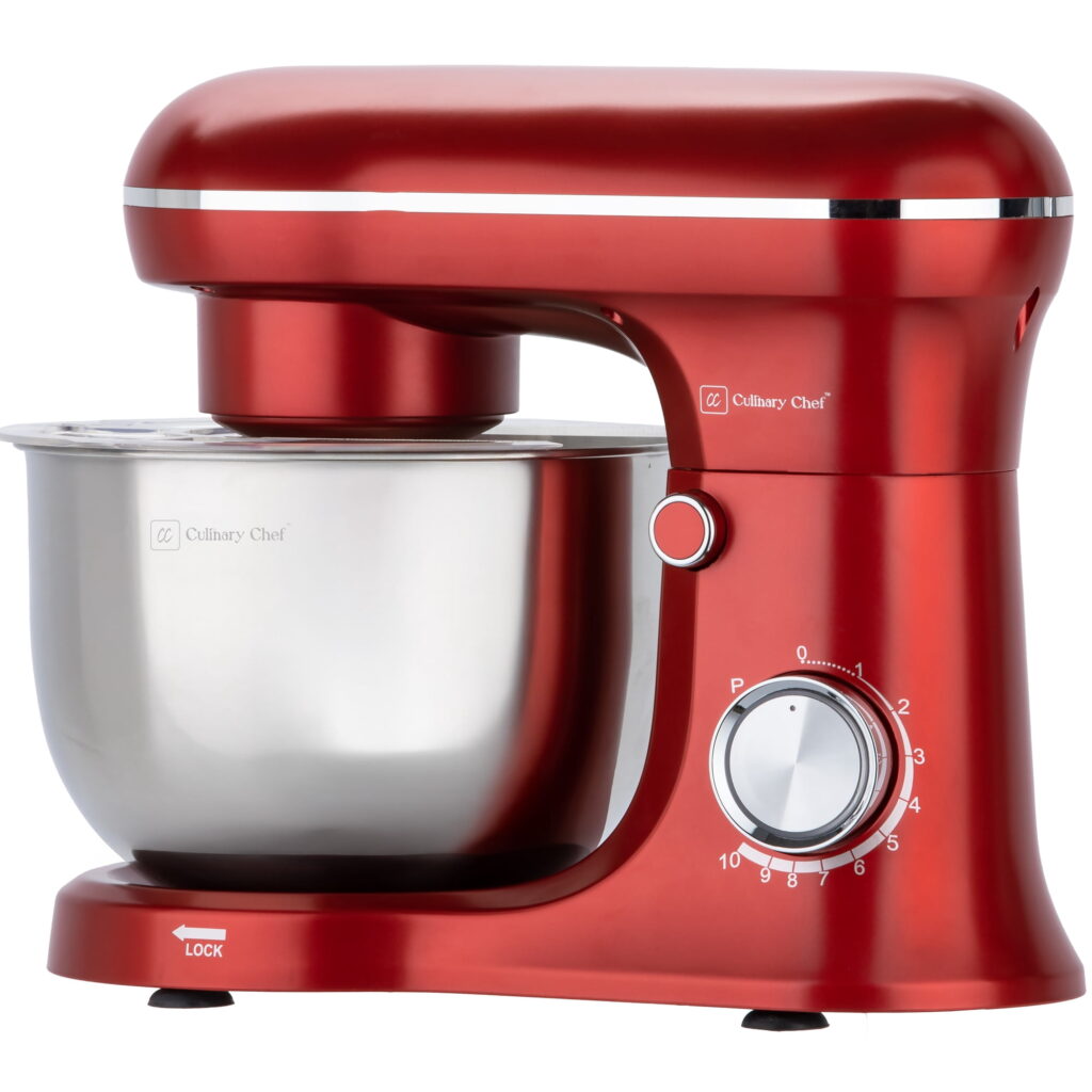 Culinary Chef 4.5 Liter 8 Speed Stand Mixer with Stainless Steel Bowl, 380 Watt Kitchen Mixer with Dough Hook, Beater, Whisk, Splash Cover, Red