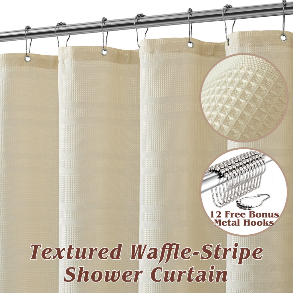 Seasonwood Waffle Shower Curtain,Fabric Shower Curtains for Bathroom with 12 Hooks,72Wx72H,Beige