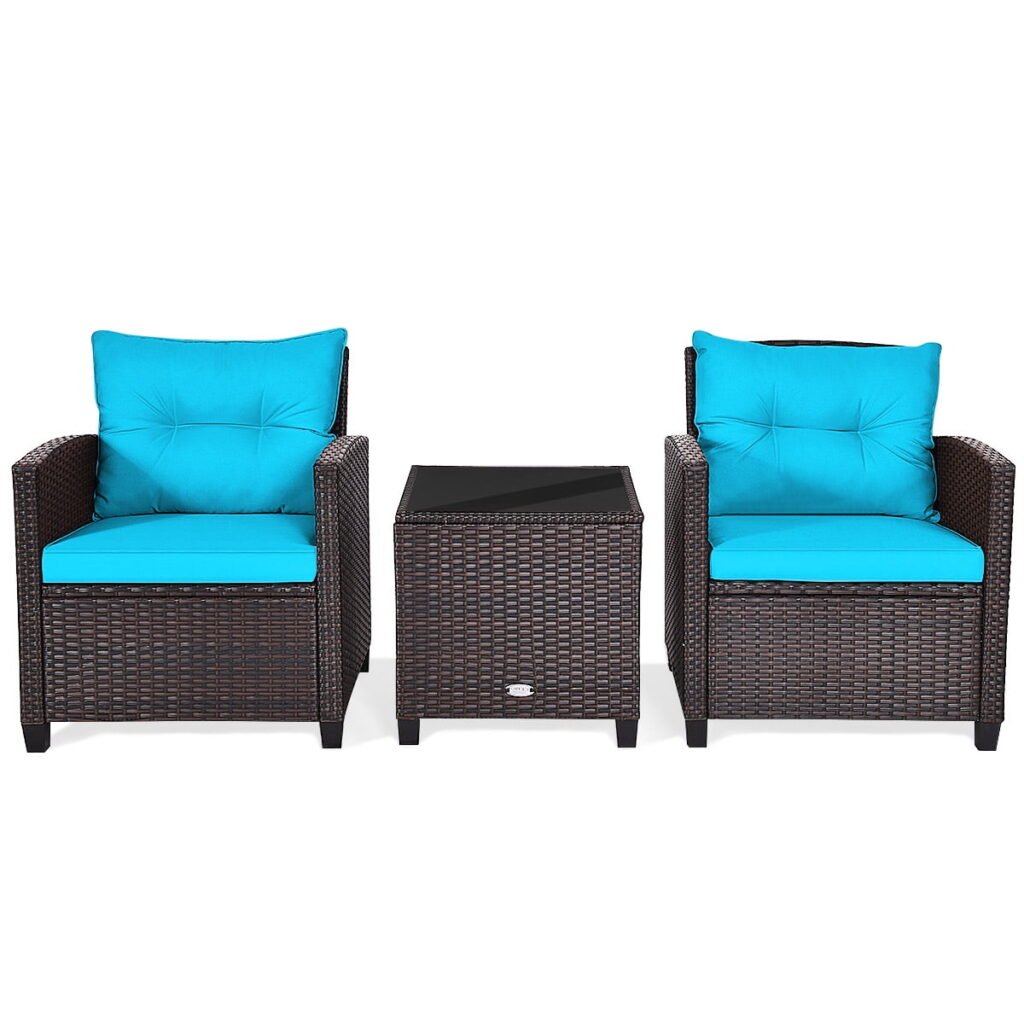 BLACK JAGUAR 3PCS Wicker Cushioned Conversation Set Outdoor Rattan Furniture w/Turquoise Cushions