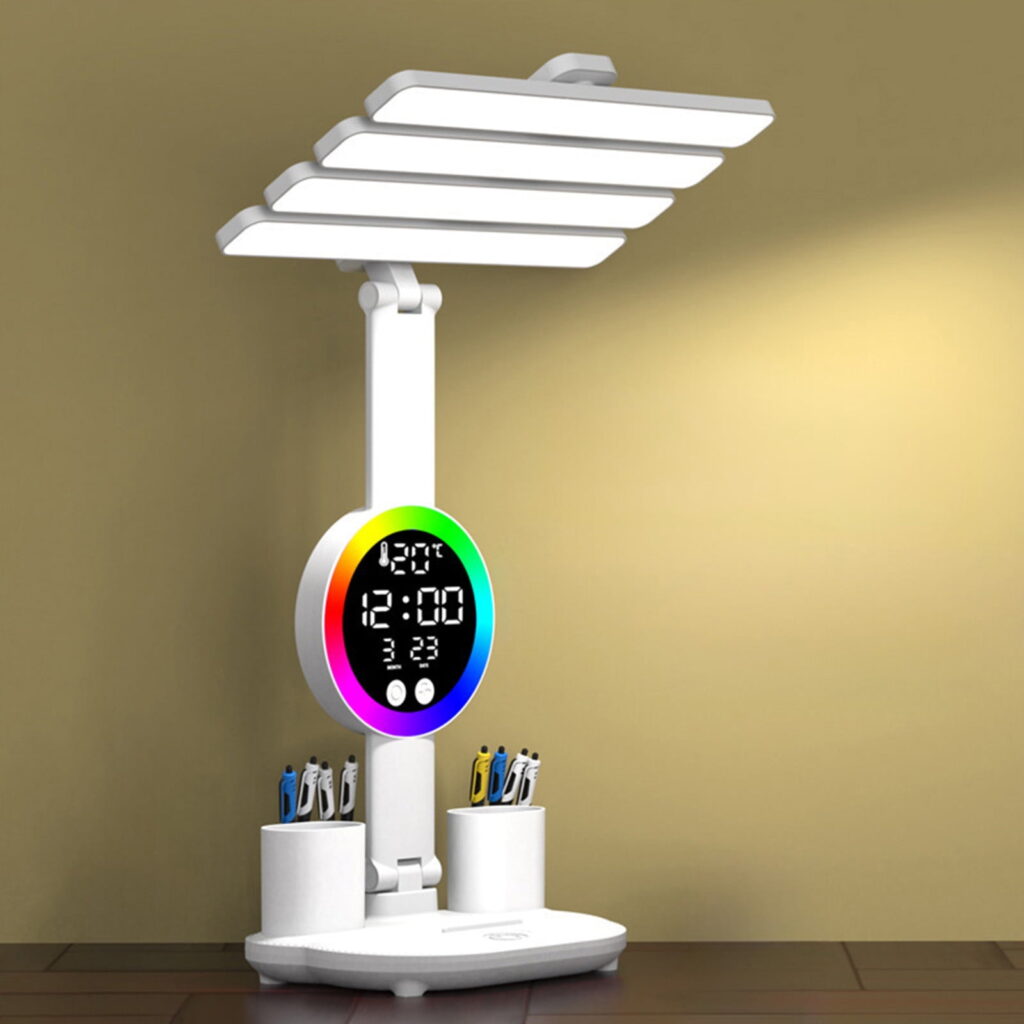 LED Desk Lamp, Desk Lamp for College Dorm, Dimmable Colorful Led Lights, USB Charging Port, Adjustable Folding with Clock Date, Pen Holder, Temperature, Home Office