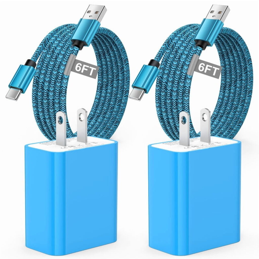 2 Pack QC 3.0 18W Charger Block Fast Charging with 6FT Type C Charging Cable, Fast Phone Charger Stand Compatible with iPhone 17 16 15 14, Samsung, Phone Chargers for Android Phone, Blue
