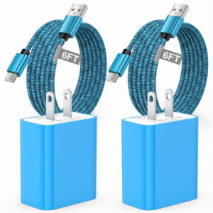 2 Pack QC 3.0 18W Charger Block Fast Charging with 6FT Type C Charging Cable, Fast Phone Charger Stand Compatible with iPhone 17 16 15 14, Samsung, Phone Chargers for Android Phone, Blue