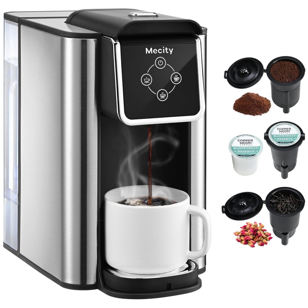 Mecity Coffee Maker 3 in 1 Single Serve Coffee Machine, Compatible with K cup Capsules, Instant Coffee Pot, Tea maker, 6,8,10 Oz Cup, Removable 50 Oz Water Reservoir, 120V 1150W, Black