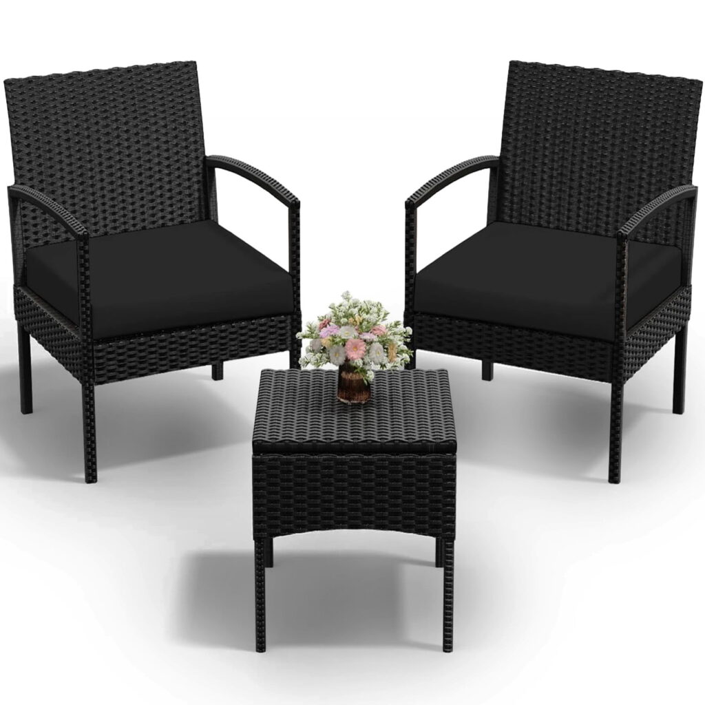 Tappio Outdoor Furniture 3 Piece Patio Bistro Furniture Set, Rattan Conversation Chairs Set with Side Table and Cushions, Patio Furniture Sets for Balcony Garden Porch, Black