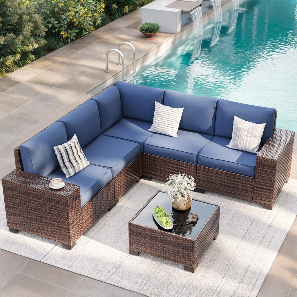 ELPOSUN Outdoor Sectional Furniture Set 6-Piece Brown Rattan Wicker Conversation Sofa Set with Glass Top Table ,Blue Cushions
